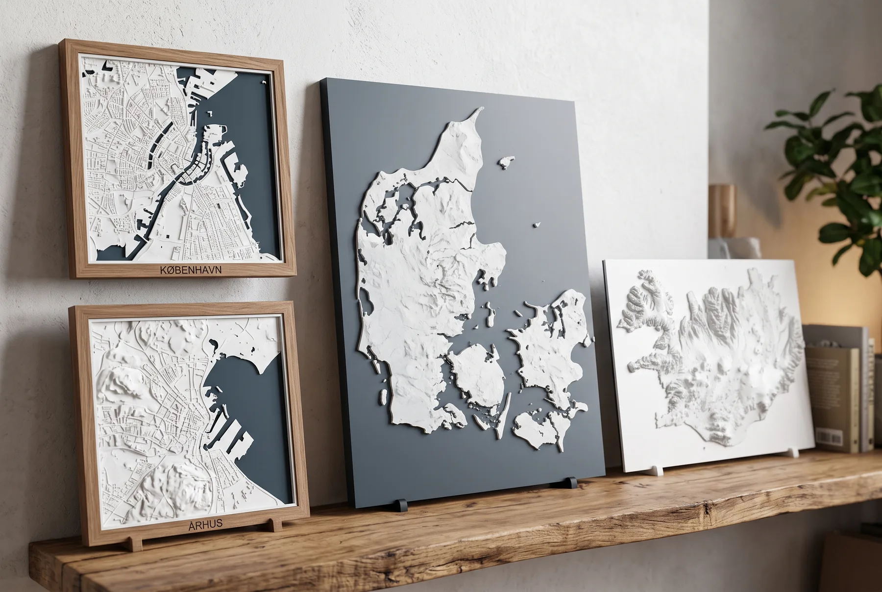 Fire modeller på en hylde: København, Aarhus, Danmark og Island